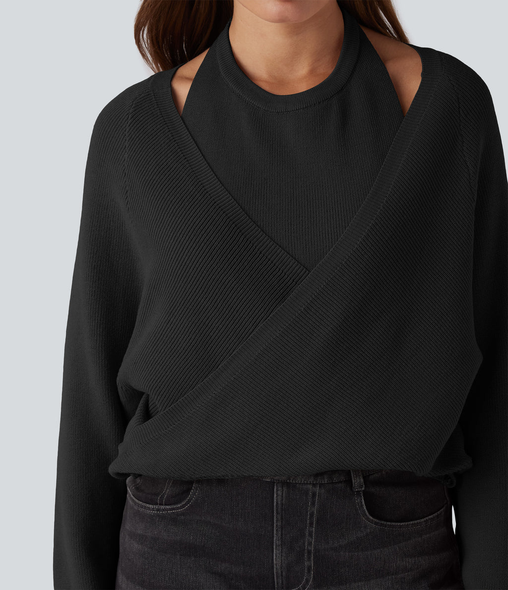 Halter Long Sleeve Wrap 2-in-1 Casual Jumper — Black — view 4