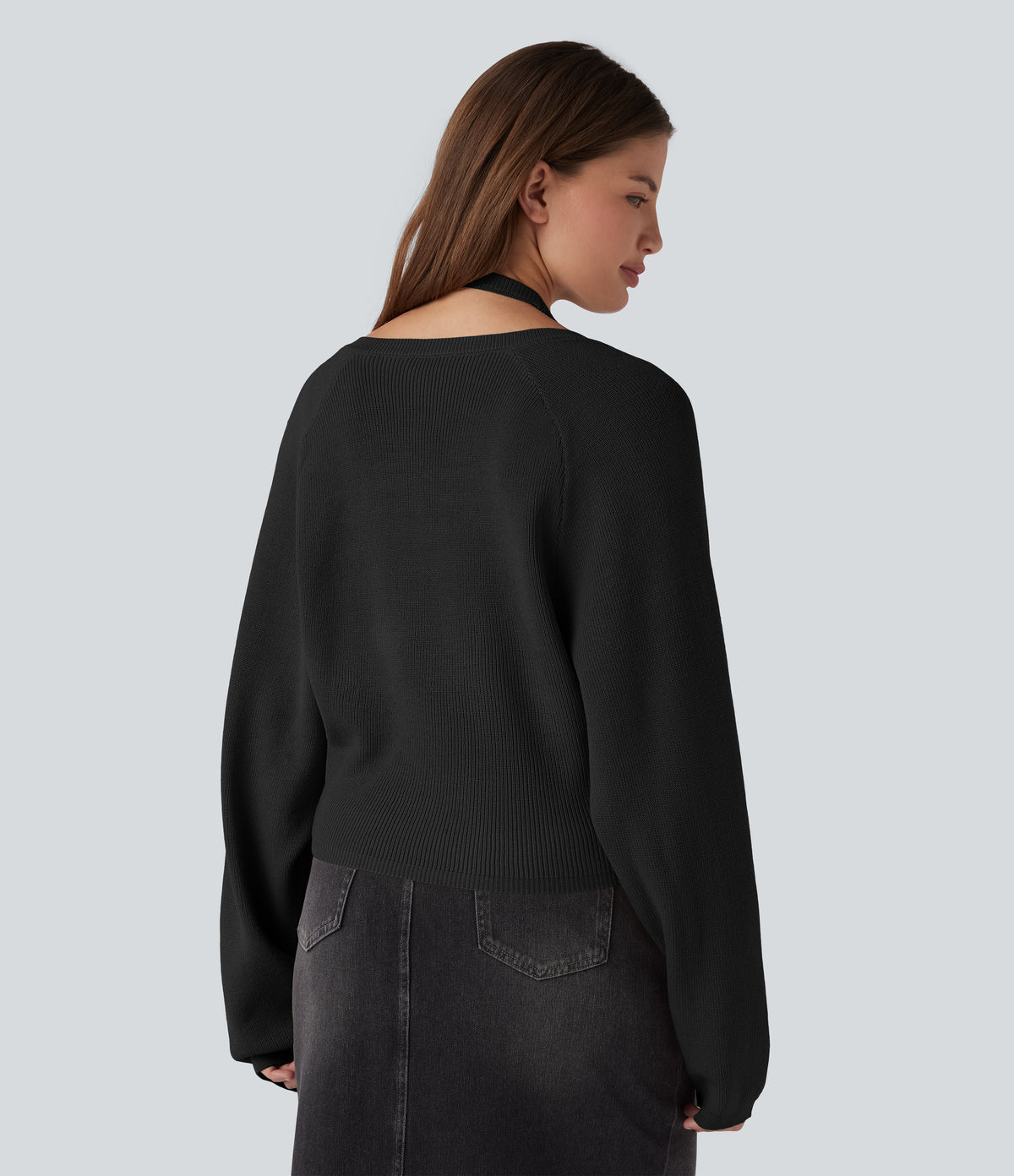 Halter Long Sleeve Wrap 2-in-1 Casual Jumper — Black — view 2