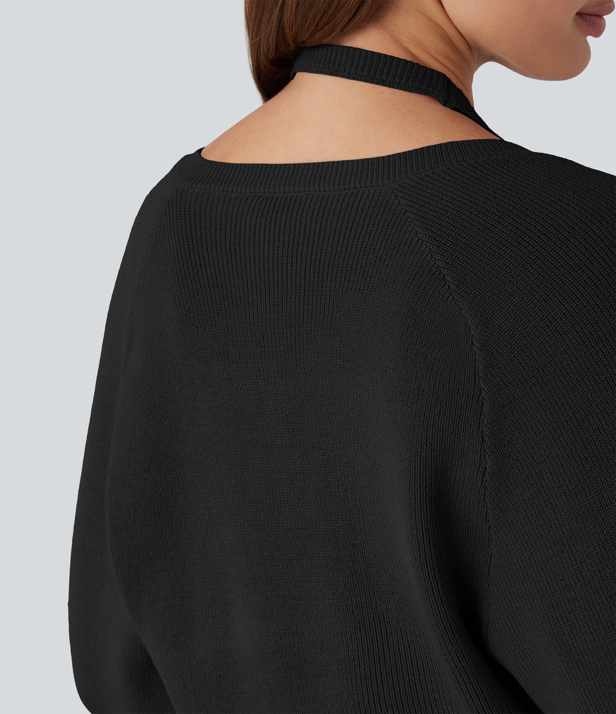 Halter Long Sleeve Wrap 2-in-1 Casual Jumper — Black — view 5