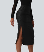 High Waisted Tummy Control Ruched Curved Hem 2-in-1 Fleece PU Midi Casual Skirt — Black — view 5
