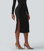 High Waisted Tummy Control Ruched Curved Hem 2-in-1 Fleece PU Midi Casual Skirt — Black — view 4