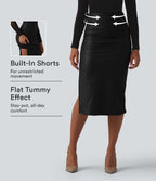High Waisted Tummy Control Ruched Curved Hem 2-in-1 Fleece PU Midi Casual Skirt — Black — view 1
