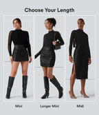 High Waisted Tummy Control Ruched Curved Hem 2-in-1 Fleece PU Midi Casual Skirt — Black — view 2
