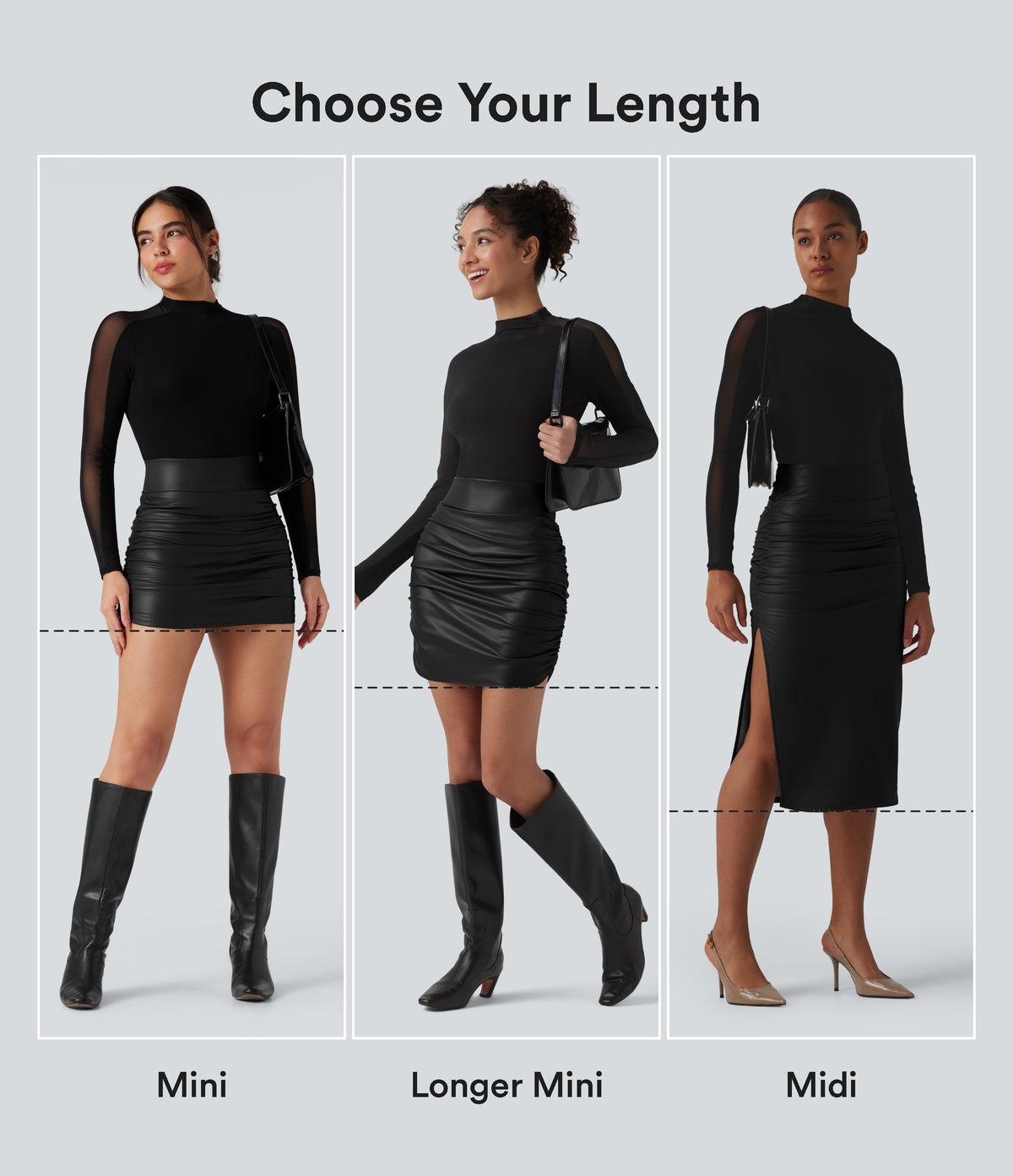 High Waisted Tummy Control Ruched Curved Hem 2-in-1 Fleece PU Midi Casual Skirt — Black — view 2