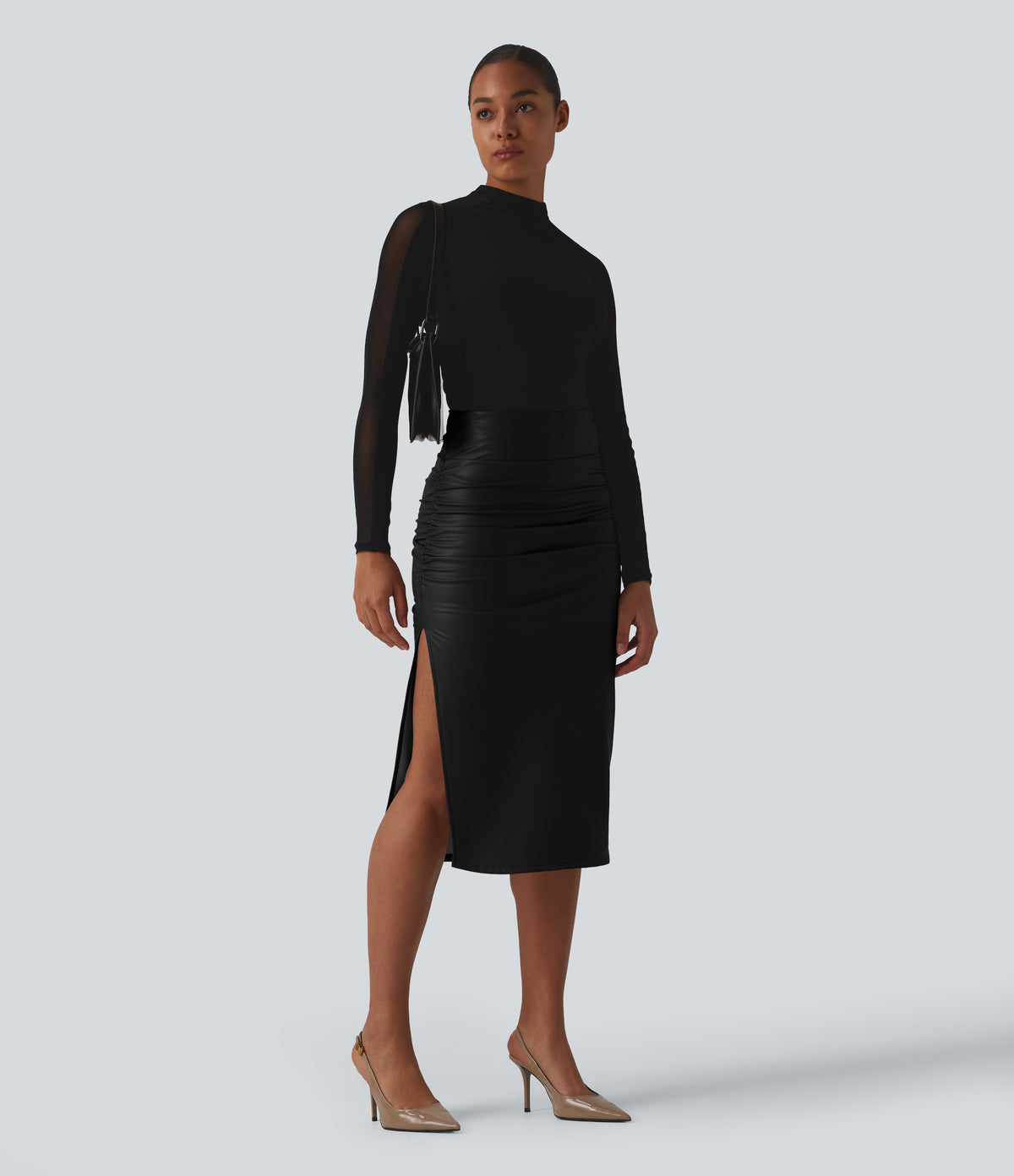 High Waisted Tummy Control Ruched Curved Hem 2-in-1 Fleece PU Midi Casual Skirt — Black — view 8