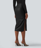 High Waisted Tummy Control Ruched Curved Hem 2-in-1 Fleece PU Midi Casual Skirt — Black — view 3
