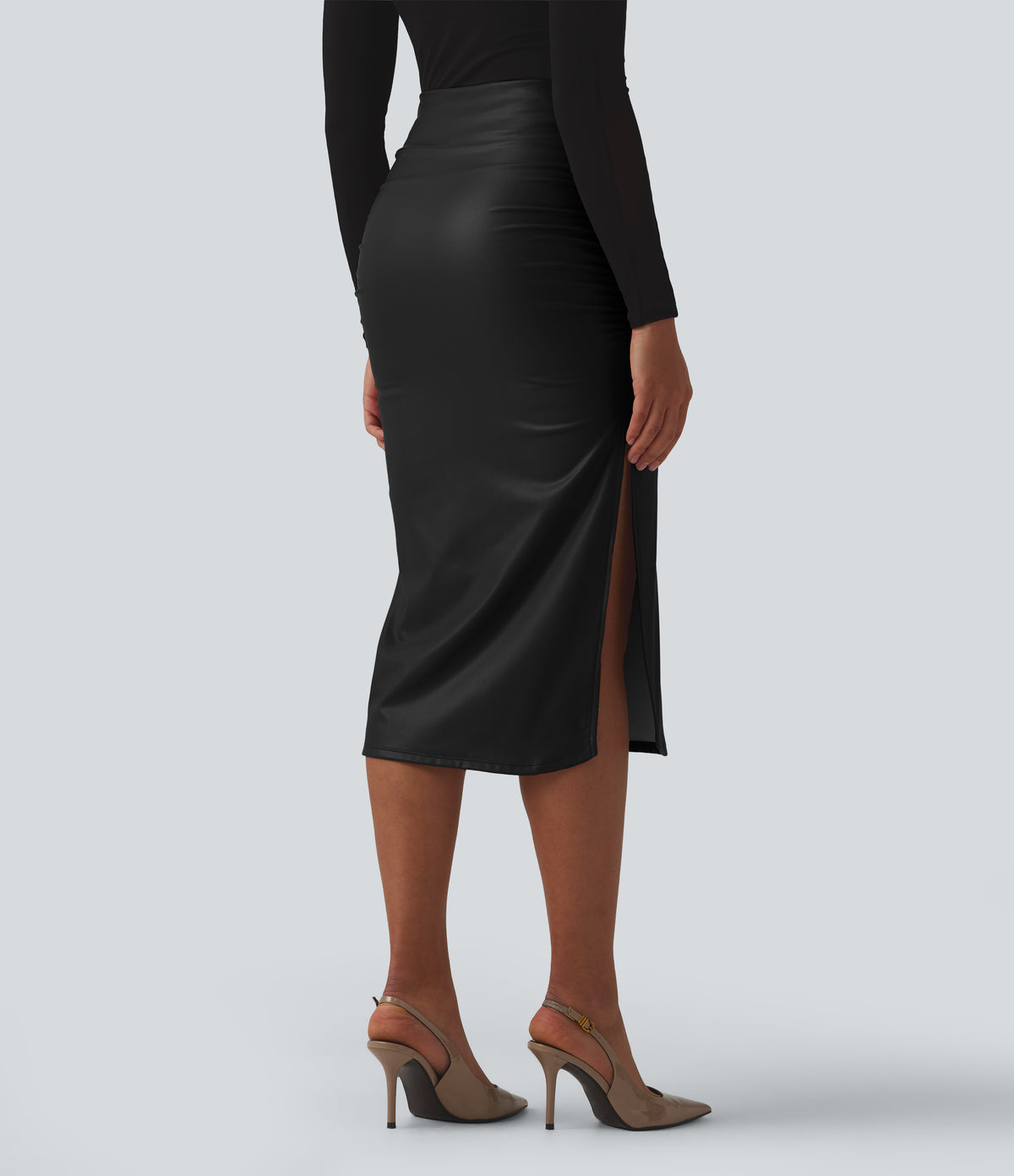 High Waisted Tummy Control Ruched Curved Hem 2-in-1 Fleece PU Midi Casual Skirt — Black — view 3
