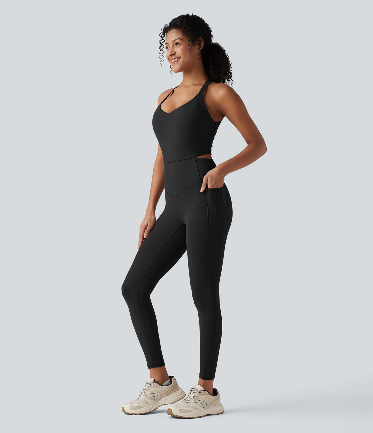 Tummy Control Training Jumpsuit with Pockets-Edition DD-F Cups — Black — view 3