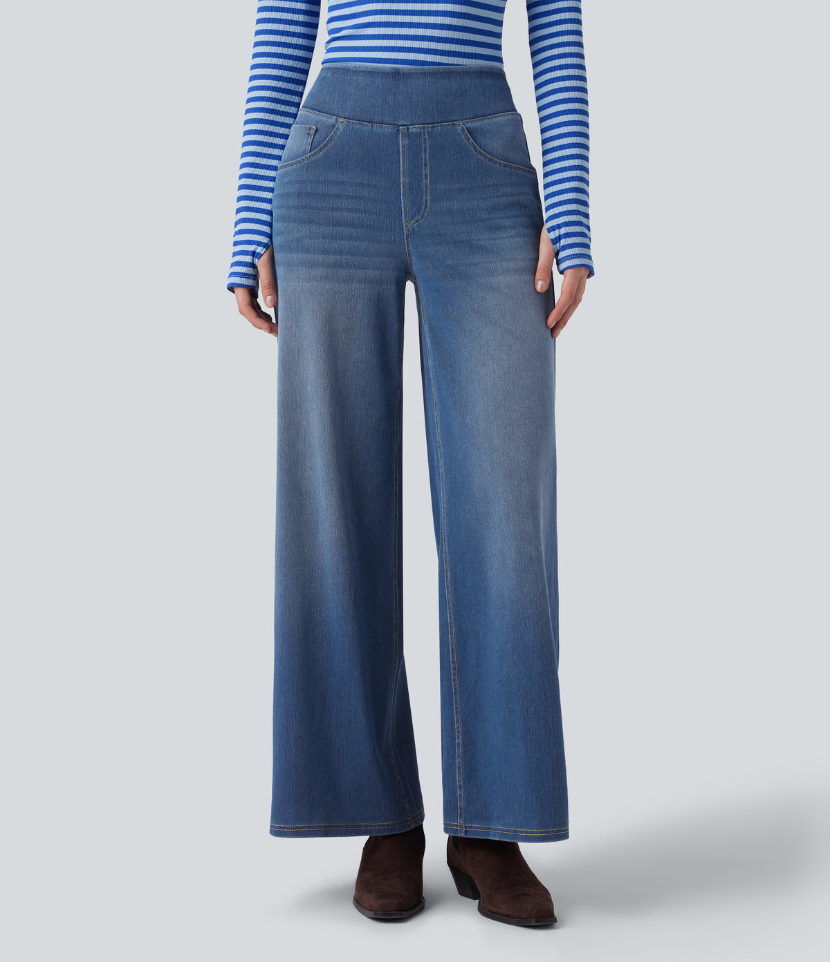 High Waisted Wide Leg Washed Casual Jeans with Pockets — Blue Jasper Denim — view 1