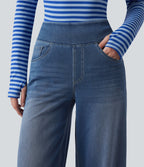 High Waisted Wide Leg Washed Casual Jeans with Pockets — Blue Jasper Denim — view 4