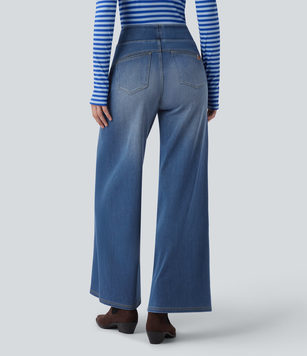 High Waisted Wide Leg Washed Casual Jeans with Pockets — Blue Jasper Denim — view 2