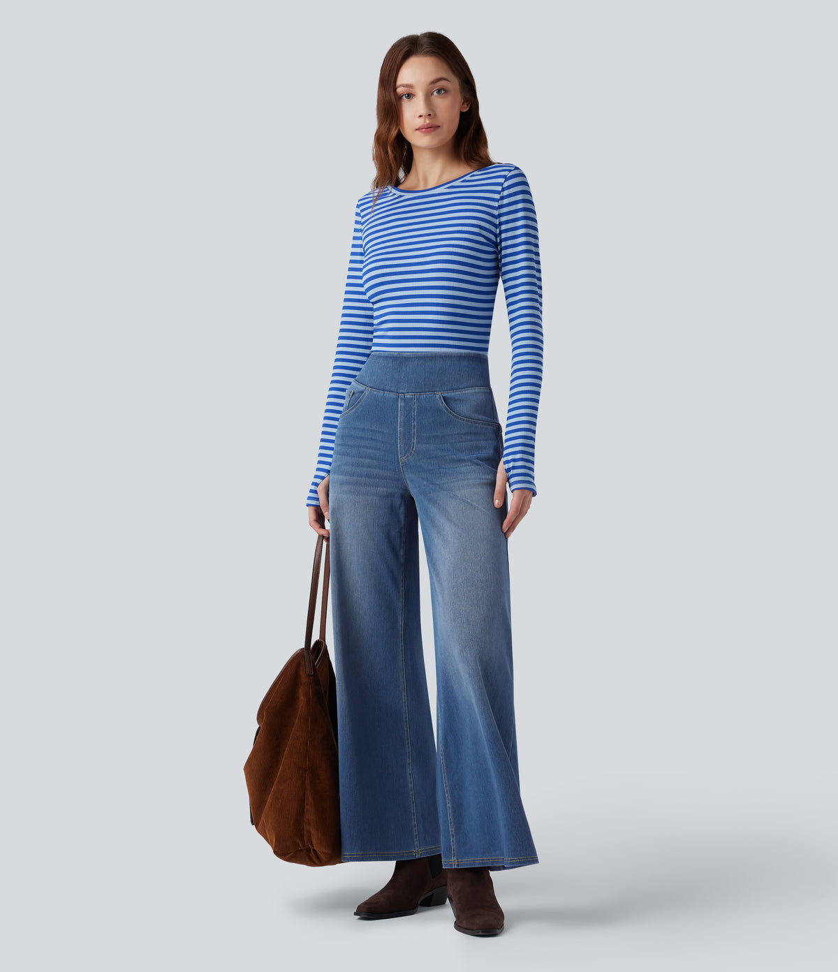 High Waisted Wide Leg Washed Casual Jeans with Pockets — Blue Jasper Denim — view 6