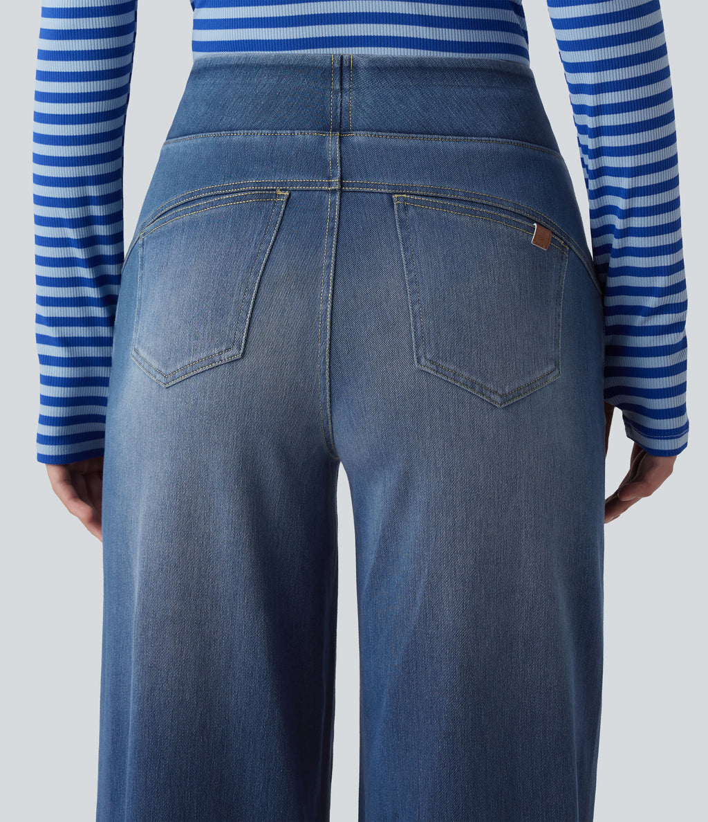 High Waisted Wide Leg Washed Casual Jeans with Pockets — Blue Jasper Denim — view 5