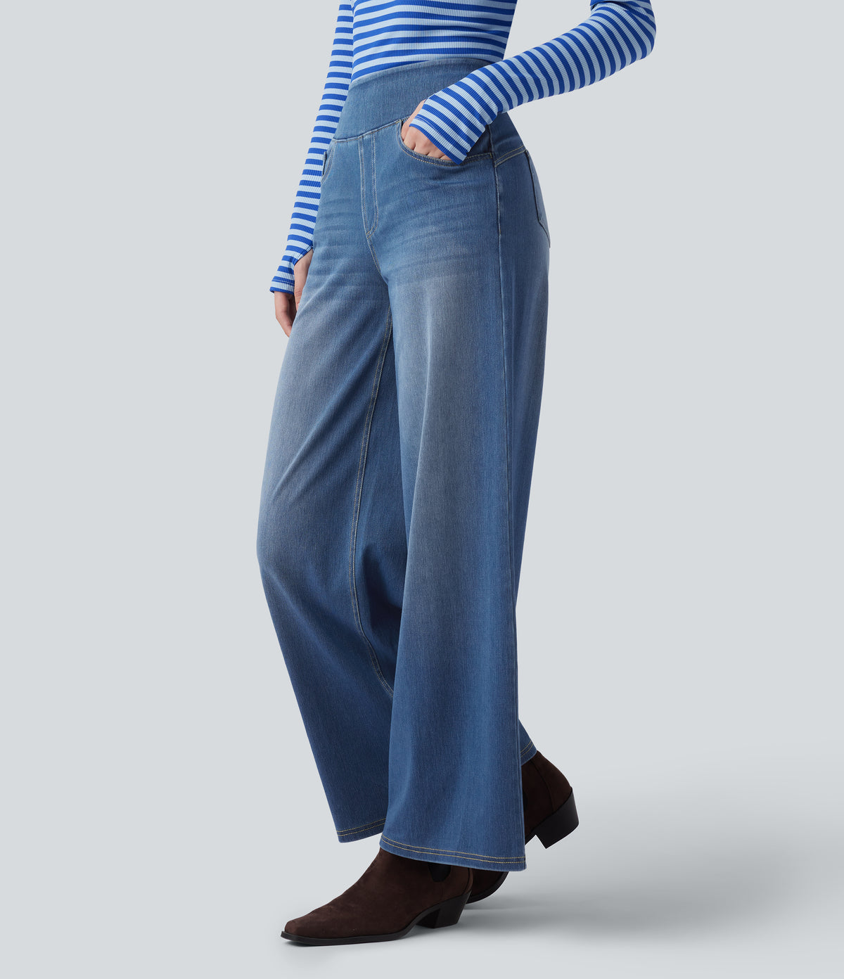High Waisted Wide Leg Washed Casual Jeans with Pockets — Blue Jasper Denim — view 3