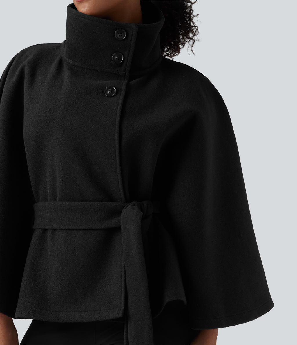 High-neck Long Sleeve Belted Work Cape Coat — Black — view 5