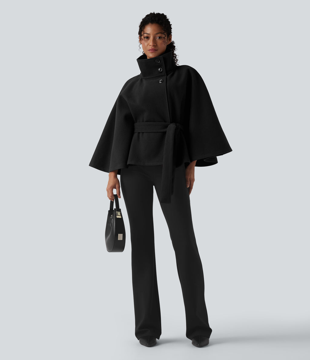 High-neck Long Sleeve Belted Work Cape Coat — Black — view 1