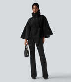 High-neck Long Sleeve Belted Work Cape Coat — Black — view 1