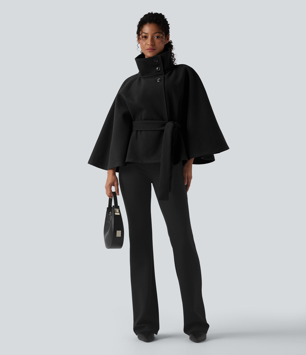 High-neck Long Sleeve Belted Work Cape Coat — Black — view 1