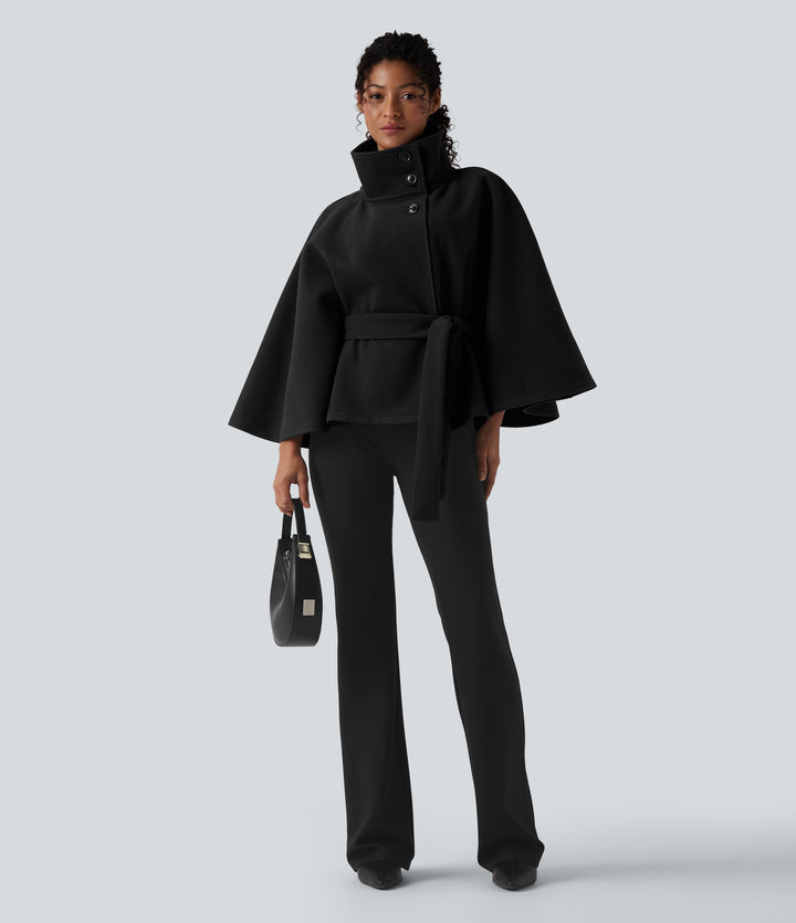 High-neck Long Sleeve Belted Work Cape Coat — Black — view 1