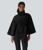 High-neck Long Sleeve Belted Work Cape Coat — Black — view 2