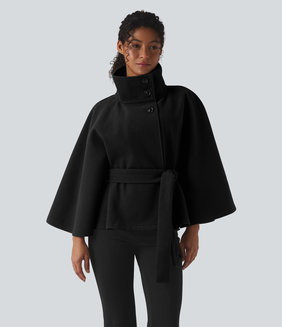 High-neck Long Sleeve Belted Work Cape Coat — Black — view 2