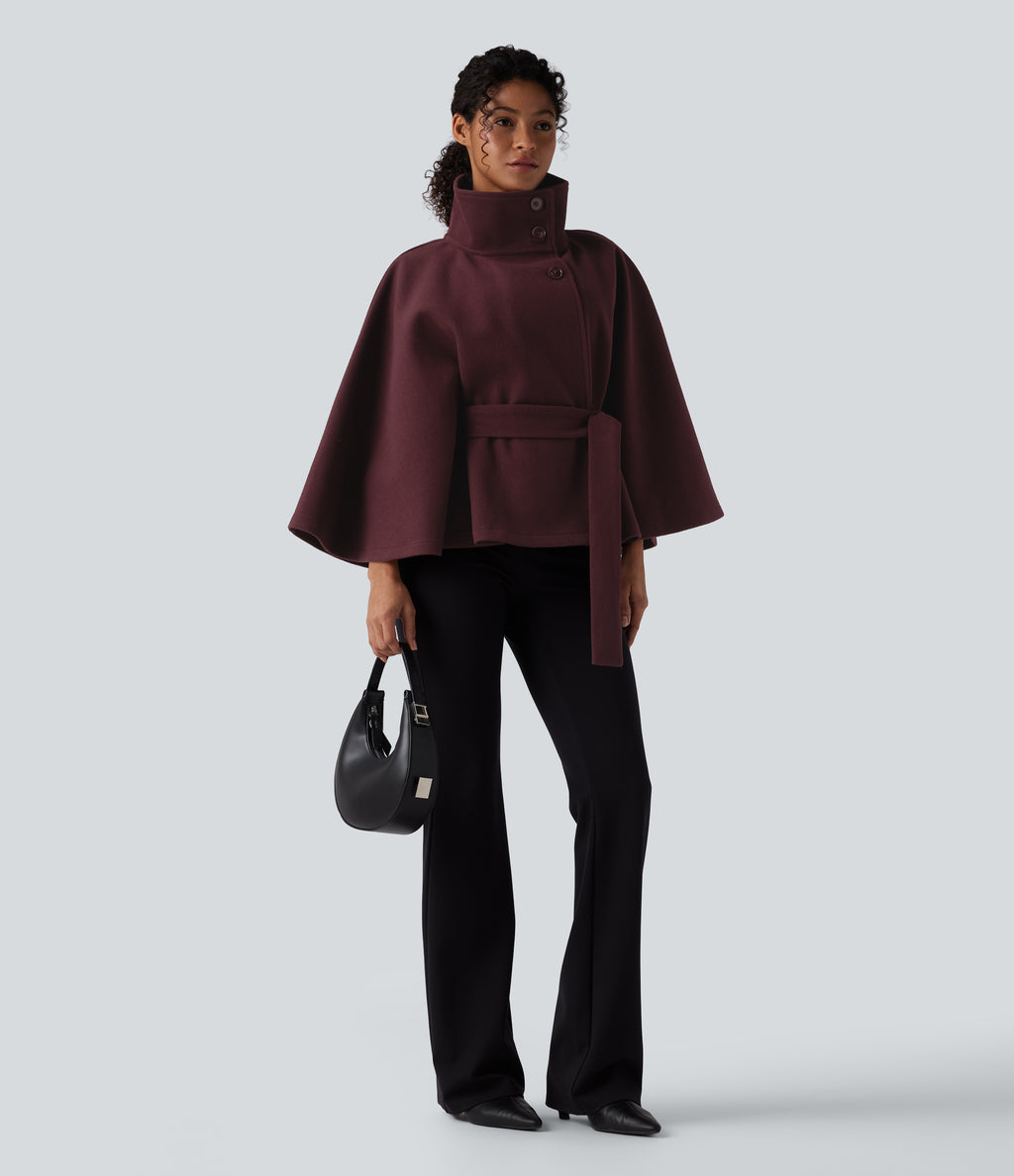 High-neck Long Sleeve Belted Work Cape Coat — Berry Red — view 6