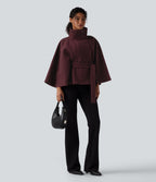 High-neck Long Sleeve Belted Work Cape Coat — Berry Red — view 6