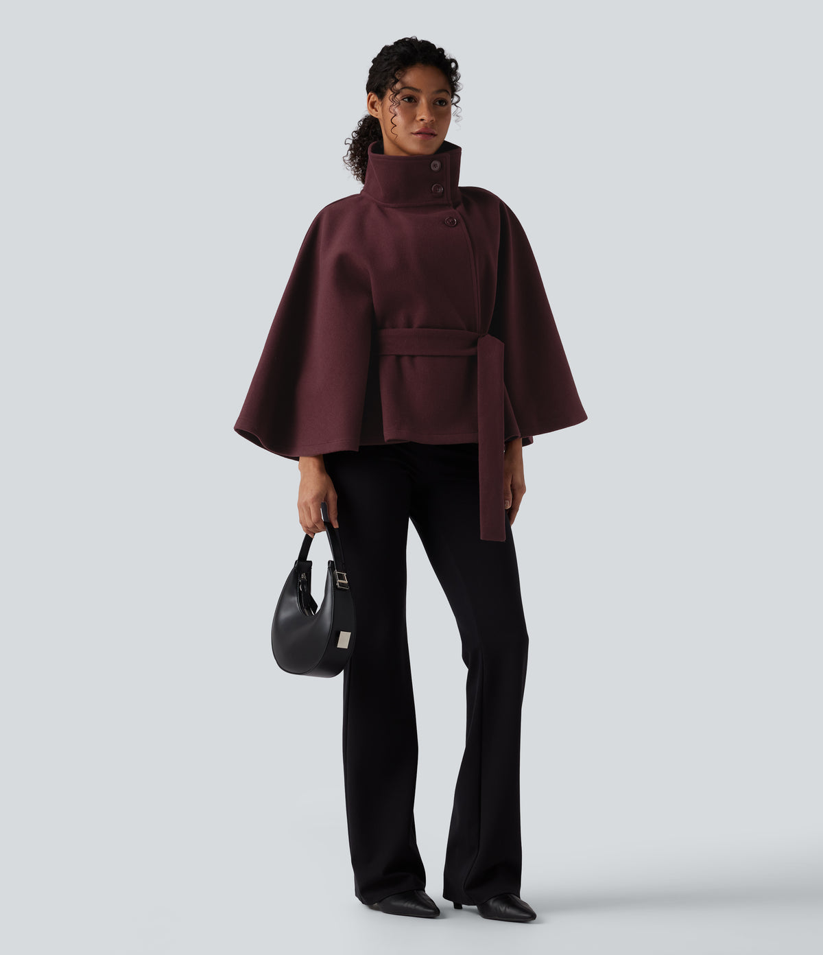 High-neck Long Sleeve Belted Work Cape Coat — Berry Red — view 6