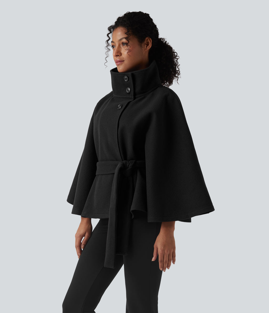 High-neck Long Sleeve Belted Work Cape Coat — Black — view 4