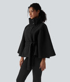 High-neck Long Sleeve Belted Work Cape Coat — Black — view 4