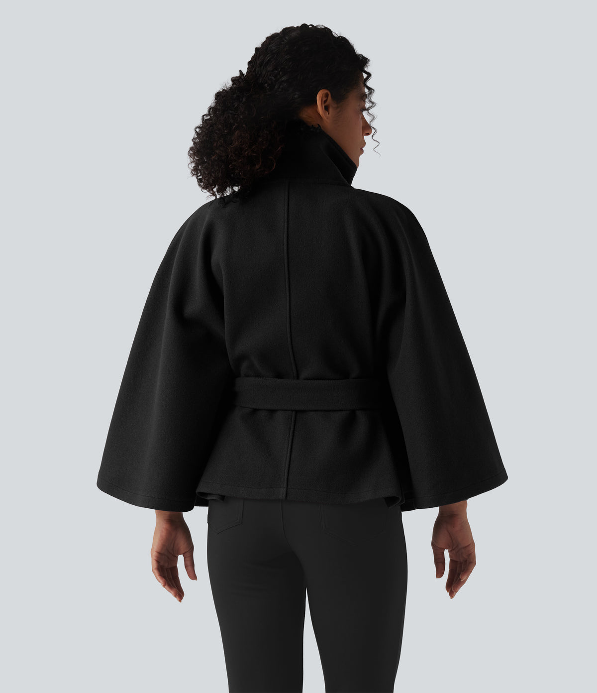 High-neck Long Sleeve Belted Work Cape Coat — Black — view 3