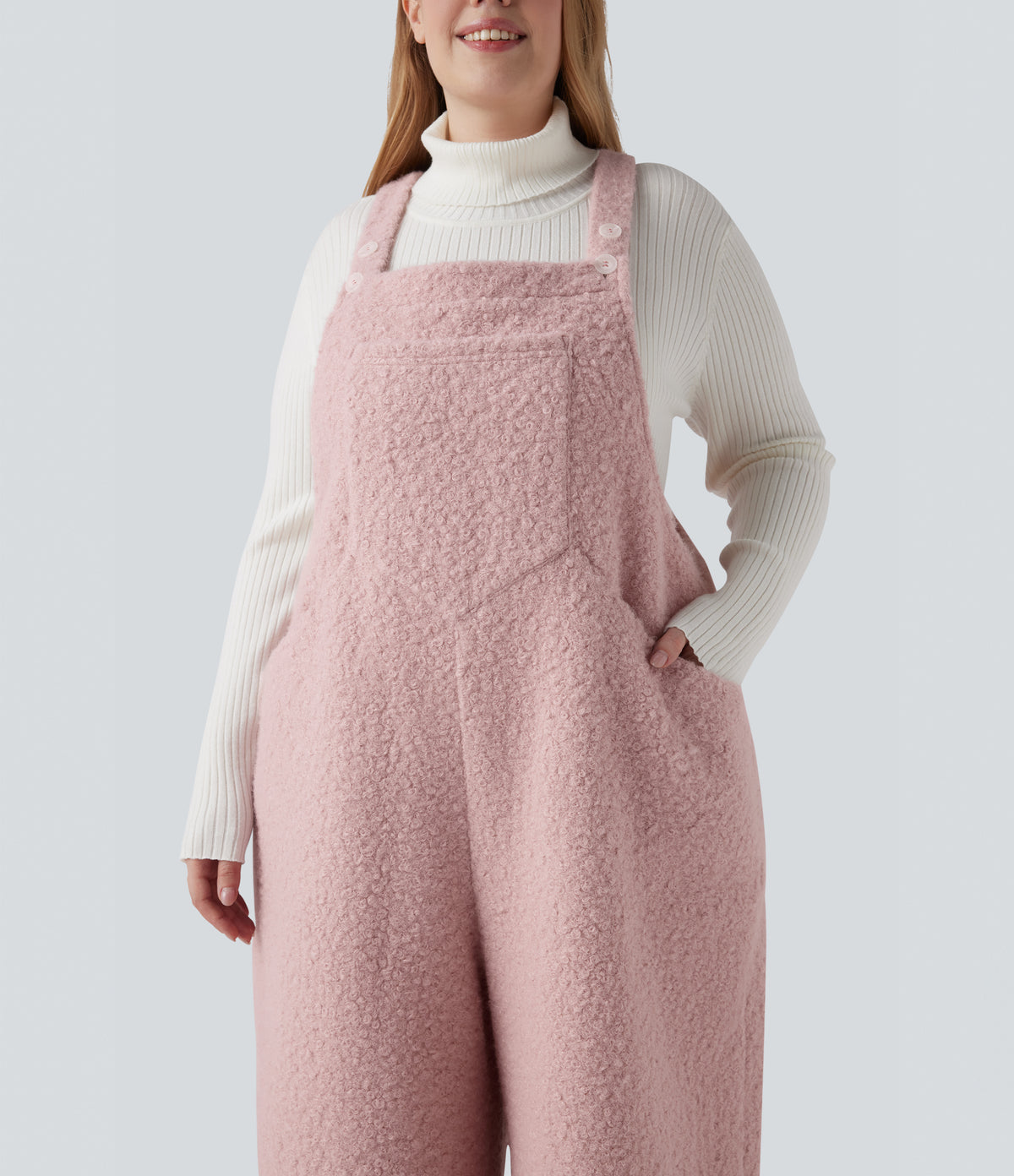 Adjustable Straps Casual Teddy Plus Size Dungarees with Pockets — Dirty Pink — view 4