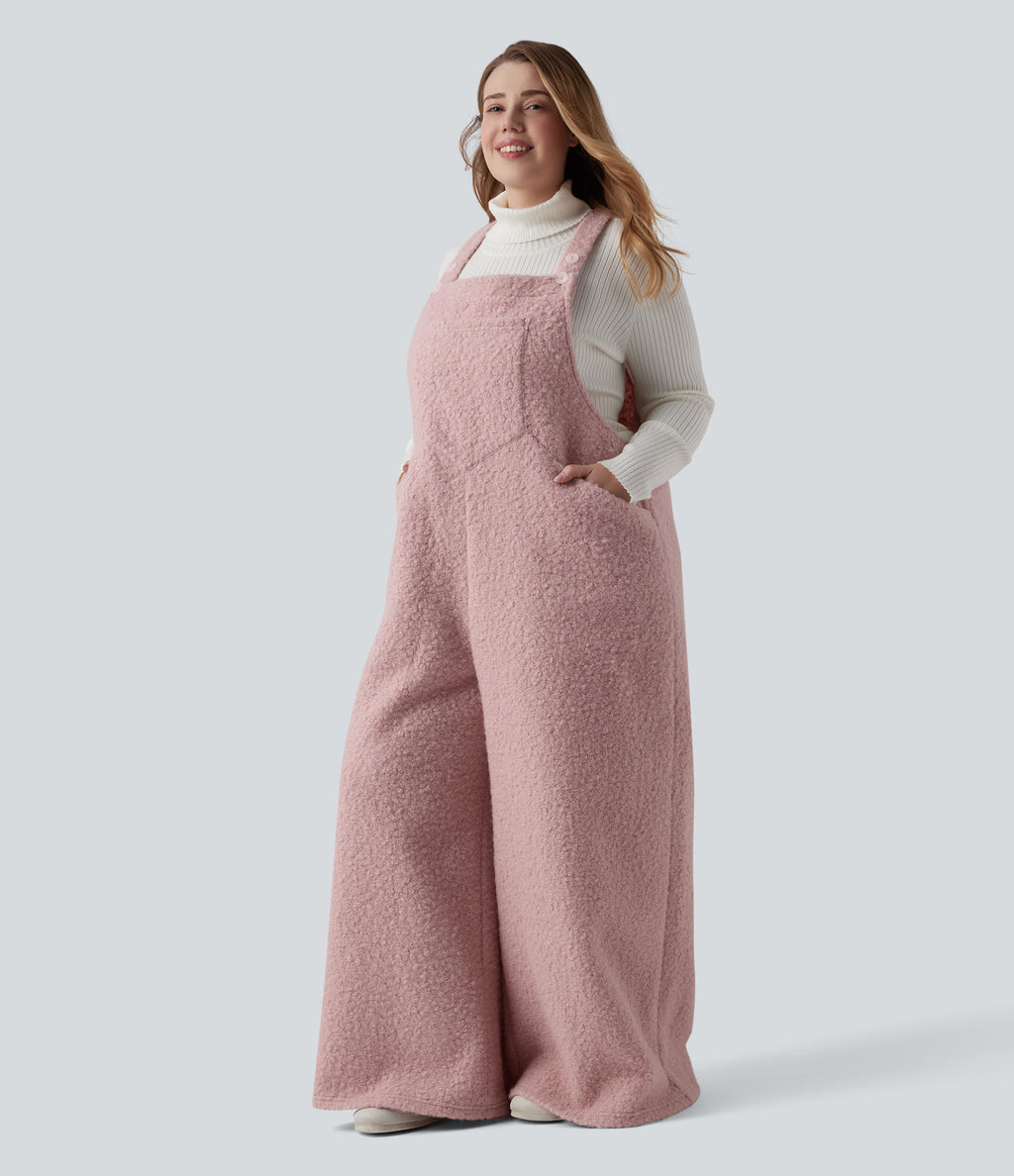 Adjustable Straps Casual Teddy Plus Size Dungarees with Pockets — Dirty Pink — view 3