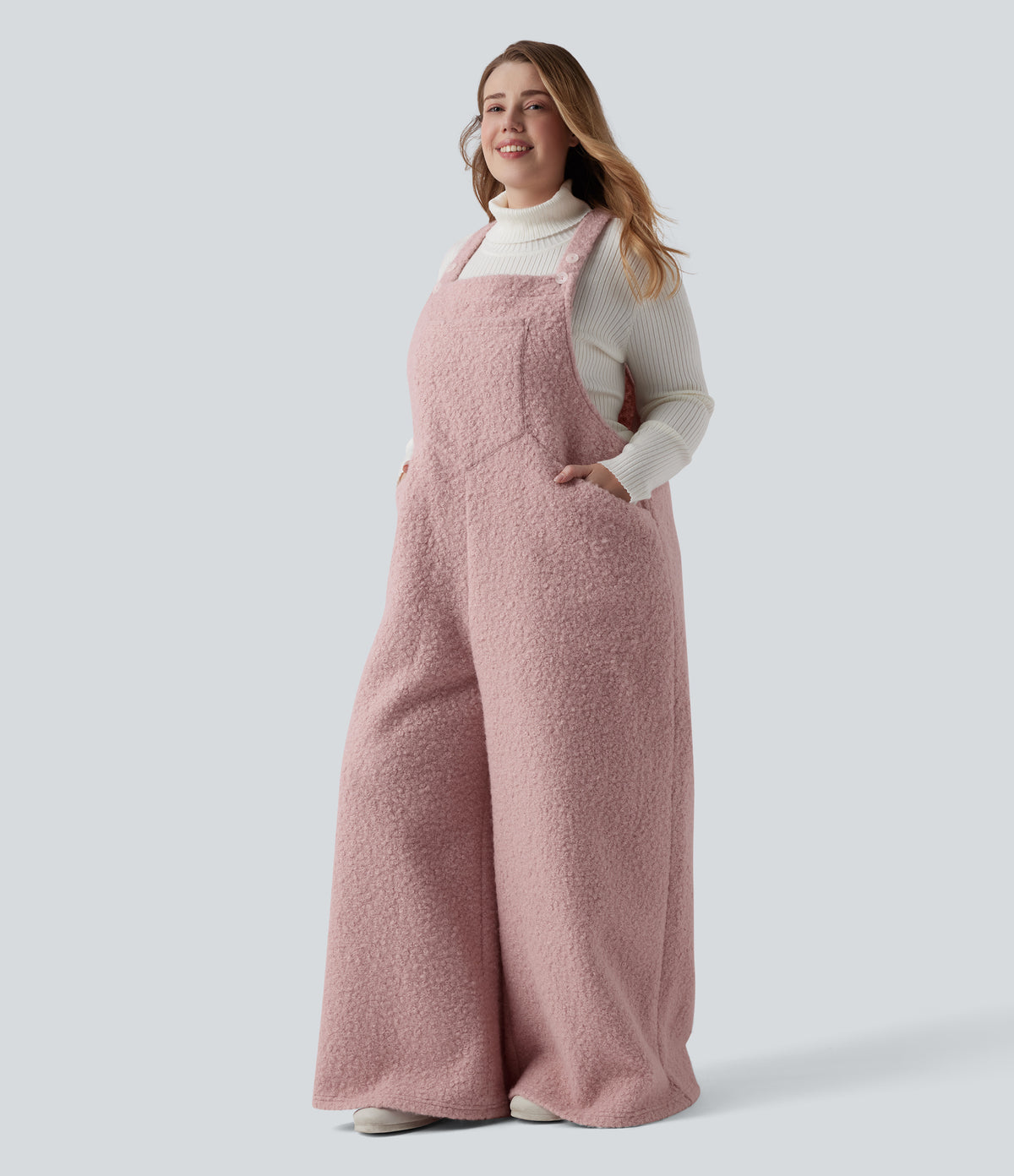 Adjustable Straps Casual Teddy Plus Size Dungarees with Pockets — Dirty Pink — view 3