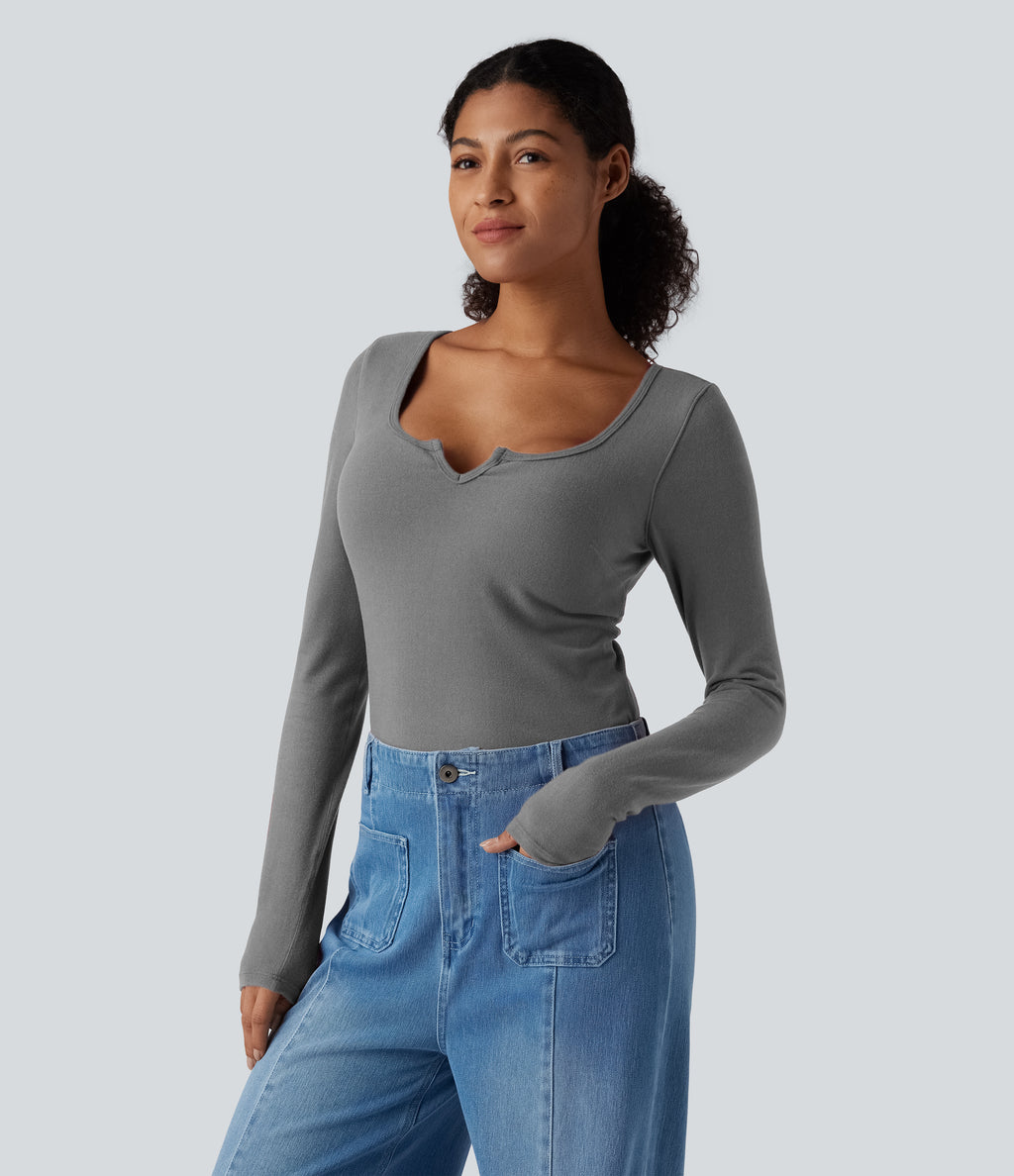 HeatCore Push-Up Notched Long Sleeve Casual Warming T-Shirt DD-F Cups — Steel Gray — view 3