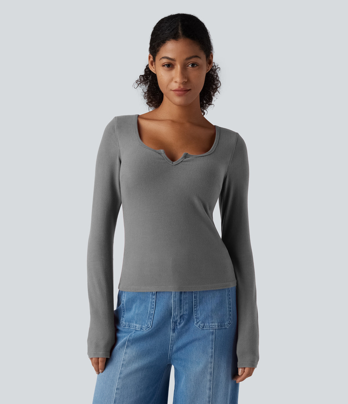 HeatCore Push-Up Notched Long Sleeve Casual Warming T-Shirt DD-F Cups — Steel Gray — view 5