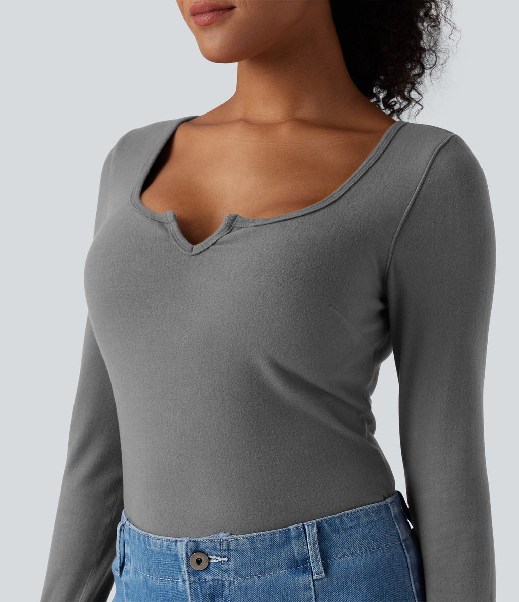 HeatCore Push-Up Notched Long Sleeve Casual Warming T-Shirt DD-F Cups — Steel Gray — view 4