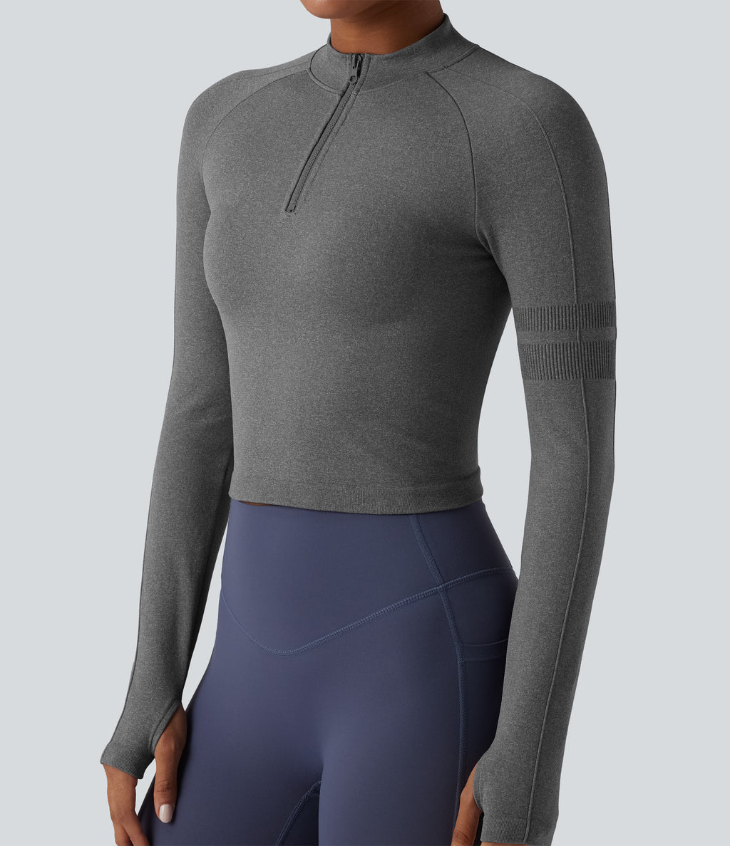 Seamless Flow Half Zip Long Sleeve Thumb Hole Yoga Sports Top — Darl Gray Floral Yarn — view 4