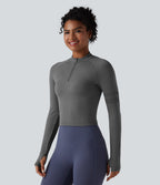 Seamless Flow Half Zip Long Sleeve Thumb Hole Yoga Sports Top — Darl Gray Floral Yarn — view 1
