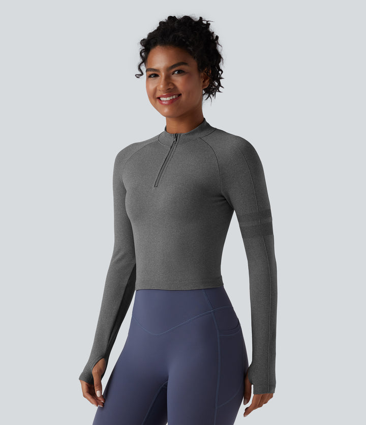 Seamless Flow Half Zip Long Sleeve Thumb Hole Yoga Sports Top — Darl Gray Floral Yarn — view 1