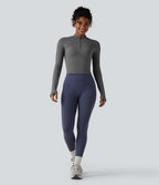 Seamless Flow Half Zip Long Sleeve Thumb Hole Yoga Sports Top — Darl Gray Floral Yarn — view 5