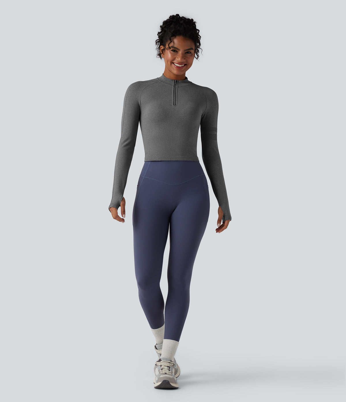 Seamless Flow Half Zip Long Sleeve Thumb Hole Yoga Sports Top — Darl Gray Floral Yarn — view 5