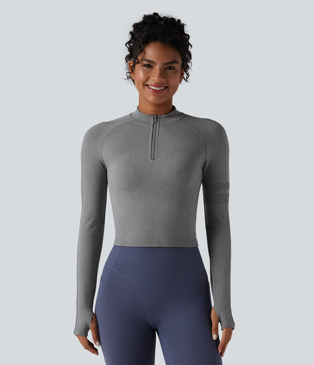 Seamless Flow Half Zip Long Sleeve Thumb Hole Yoga Sports Top — Mottled Light Grey — view 6