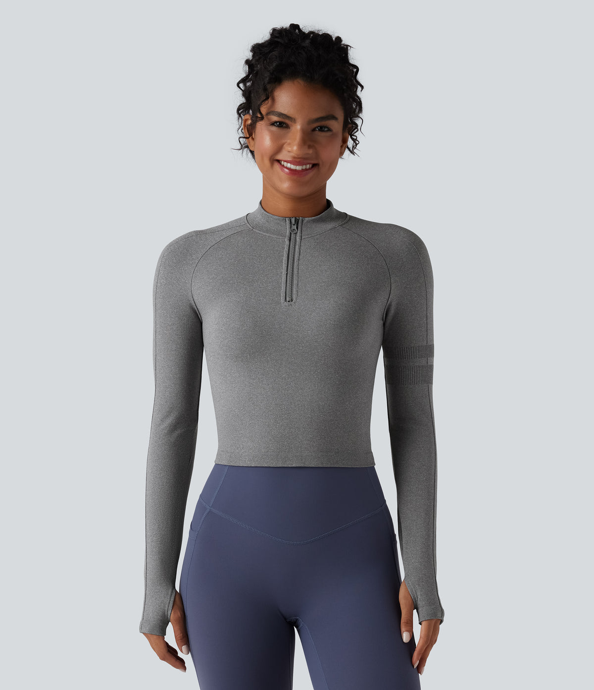 Seamless Flow Half Zip Long Sleeve Thumb Hole Yoga Sports Top — Mottled Light Grey — view 6