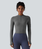 Seamless Flow Half Zip Long Sleeve Thumb Hole Yoga Sports Top — Darl Gray Floral Yarn — view 3