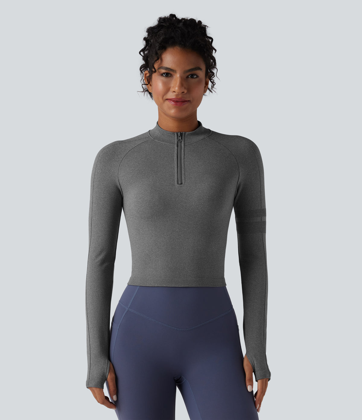 Seamless Flow Half Zip Long Sleeve Thumb Hole Yoga Sports Top — Darl Gray Floral Yarn — view 3