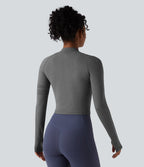 Seamless Flow Half Zip Long Sleeve Thumb Hole Yoga Sports Top — Darl Gray Floral Yarn — view 2