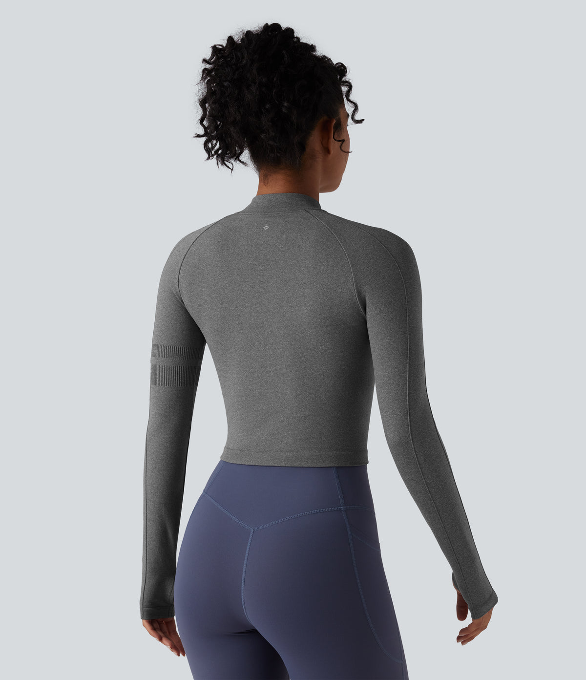 Seamless Flow Half Zip Long Sleeve Thumb Hole Yoga Sports Top — Darl Gray Floral Yarn — view 2