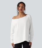 One-shoulder Long Sleeve Relaxed Yoga Sports Top — White — view 1