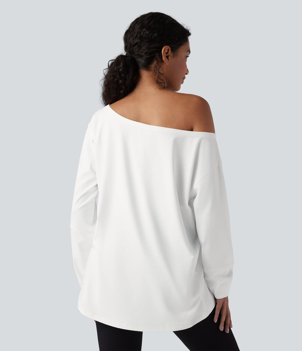 One-shoulder Long Sleeve Relaxed Yoga Sports Top — White — view 2
